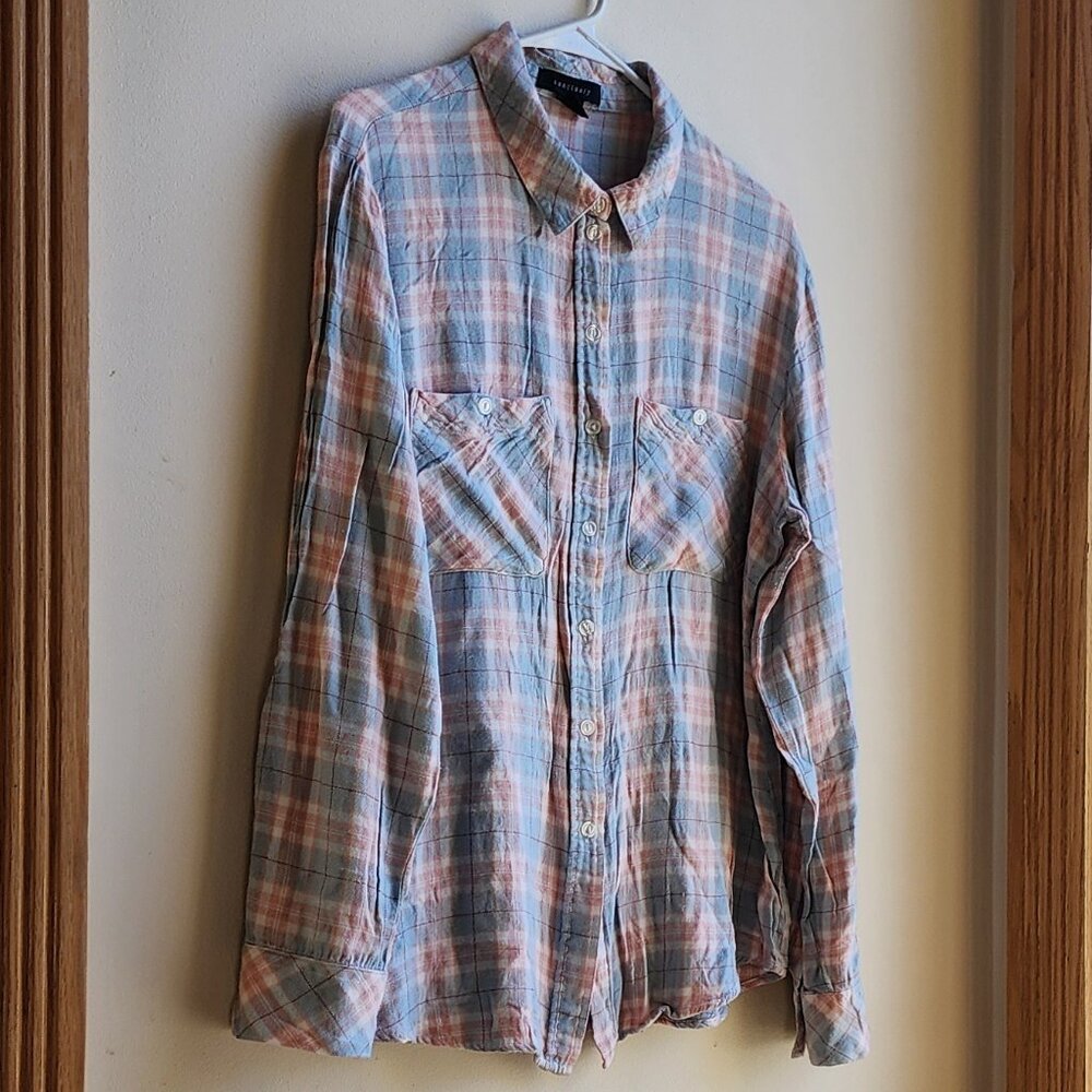 Sanctuary Blue/Pink Plaid Button Down Flannel Shirt Size Large - Picture 4 of 13